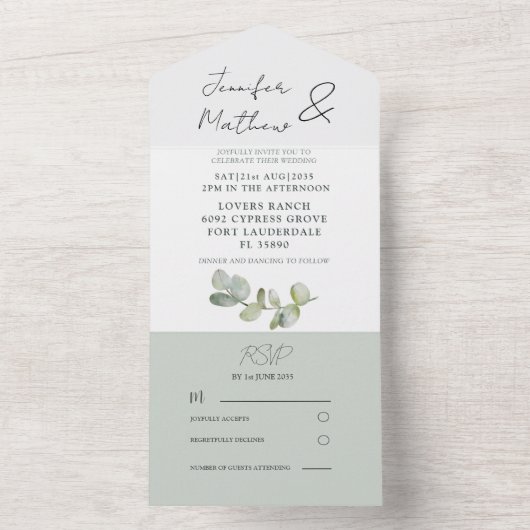 Rustige Sage Green Eucalyptus Weddenschap in één k All In One Uitnodiging (Binnen)