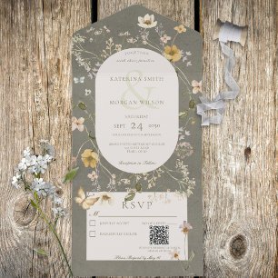 Rustige Sage Green Wildflower Lijst QR-code All In One Uitnodiging