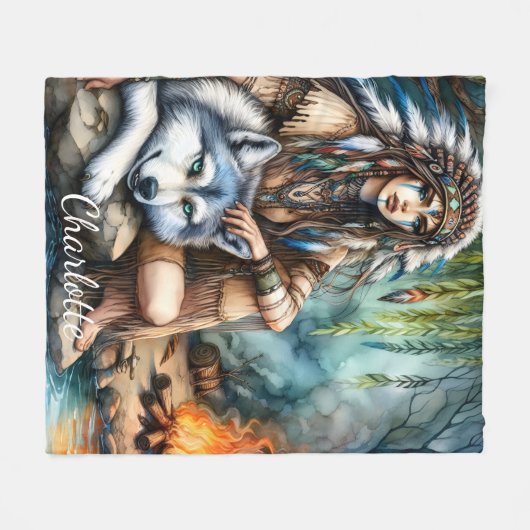 Rustige scène: Inheems en wolf door water Fleece Deken (Voorkant (Horizontaal))