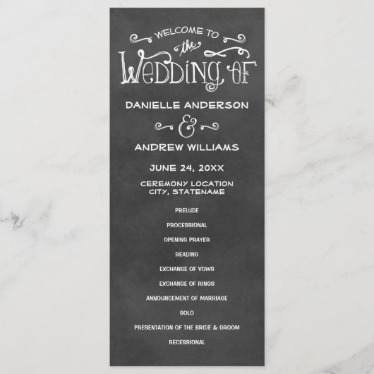 Rustige Script Chalkboard Wedding Black Ceremony Programma (Voorkant)