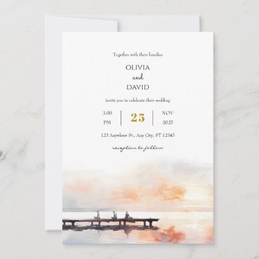 Rustige Seaside Soft Sunrise Pier Beach bruiloft Kaart (Voorkant)