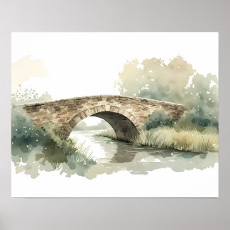 Rustige stenen brug aquarel plattelandskunst poster