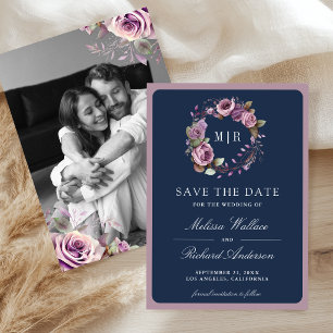 Rustige Stof Purple Bloem Foto Navyblauw Bruiloft Save The Date