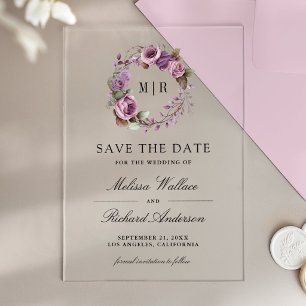 Rustige Stof Purple Bloemige Trouw Save the Date Acryl Uitnodigingen