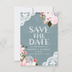Rustige Stofblauwe Jute Kant en Bloemige Bruiloft Save The Date