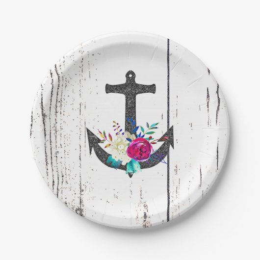 Rustige strand Anchor & Bold Floral Summer Nautica Papieren Bordje (Voorkant)