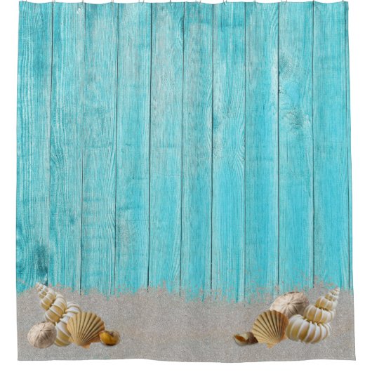 Rustige strand kust van Turquoise Blue Boards Douchegordijn (Voorkant)