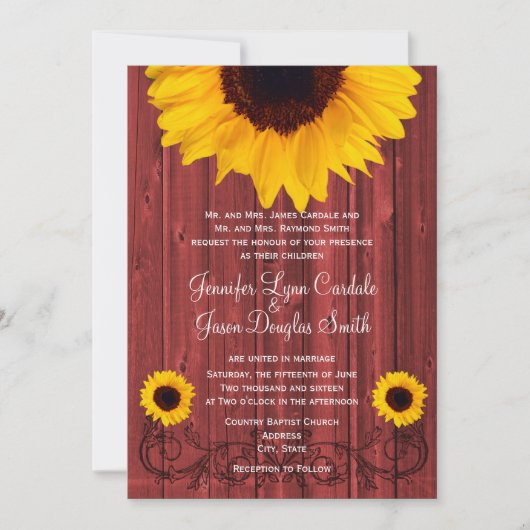 Rustige Sunflower Red Barn Wood Wedding Invites Kaart (Voorkant)
