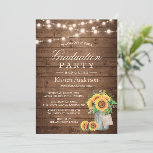Rustige Sunflower String Lights Graduparty Kaart (Staand voorkant)