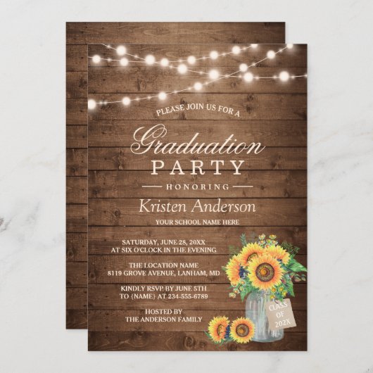 Rustige Sunflower String Lights Graduparty Kaart (Voorkant / Achterkant)