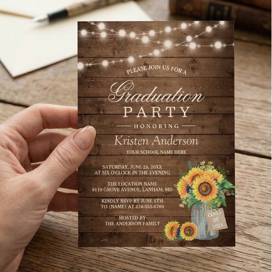 Rustige Sunflower String Lights Graduparty Kaart