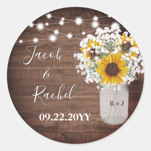 Rustige Sunflower String Lights Monogram Wedding Ronde Sticker (Voorkant)