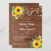 Rustige Sunflower String Lights Wood Wedding Kaart (Voorkant / Achterkant)
