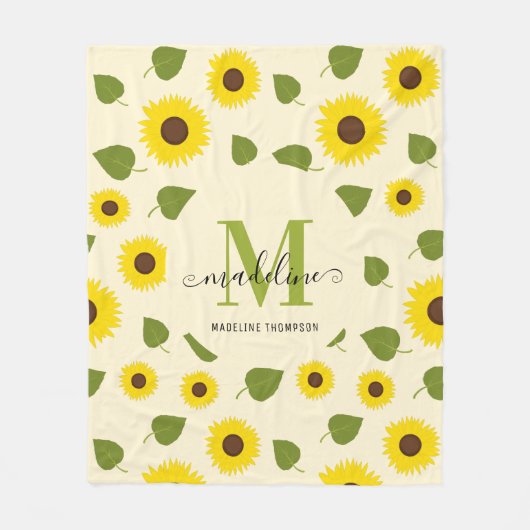 Rustige Sunflower Yellow Green Leaf Script Monogra Fleece Deken (Voorkant)