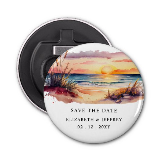 Rustige Sunset Beach Save the Date Magnet Button Flesopener (Voorkant)