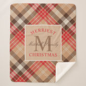 Rustige Tan Red Tartan met kerstmonogram Sherpa Deken (Voorkant)