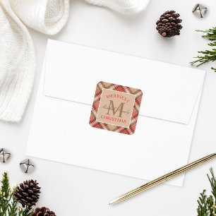 Rustige Tan Rode Tartan Plaid Kerst Monogram Vierkante Sticker