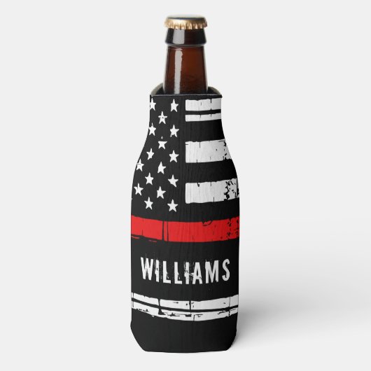 Rustige Thin Red Line Persoonlijke brandweerman Flesjeskoeler (Fles Voorkant)