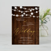 Rustige touwtjes lichten bruin-houtfotobruiloft folie uitnodiging (Staand Voorkant)