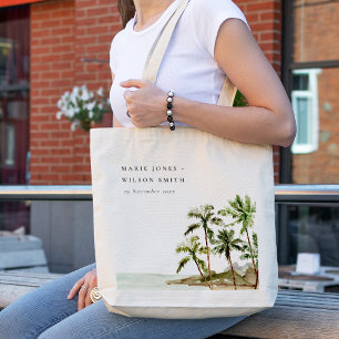 Rustige tropische palmbomen stranden zand huwelijk tote bag