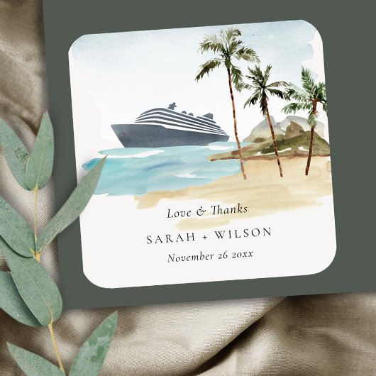Rustige tropische zeebaars cruise Palm Wedding Vierkante Sticker