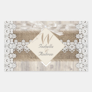 Rustige Trouwbeige Witte Kant Hout Jute AB Rechthoekige Sticker