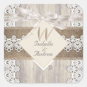 Rustige Trouwbeige Witte Kant Hout Jute AB Vierkante Sticker