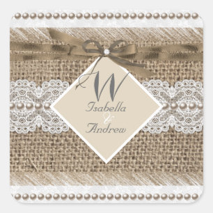 Rustige Trouwbeige Witte Kant Jute Vierkante Sticker