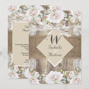 Rustige Trouwbeige Witte Rozen Hout Jute Kaart