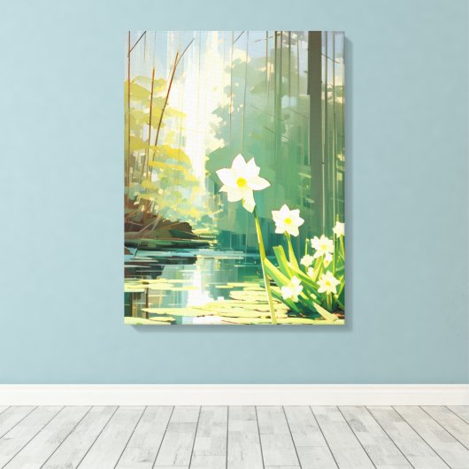 Rustige vijver met witte narcissen canvas afdruk (Insitu (Houten vloer))