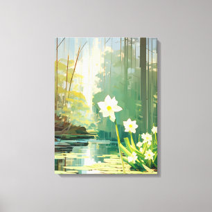 Rustige vijver met witte narcissen canvas afdruk