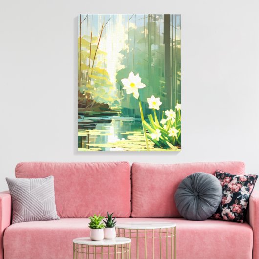 Rustige vijver met witte narcissen canvas afdruk (Insitu (Woonkamer))