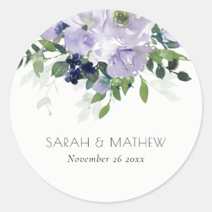 Rustige Violet Paarse marine Floral Leafy Wedding Ronde Sticker