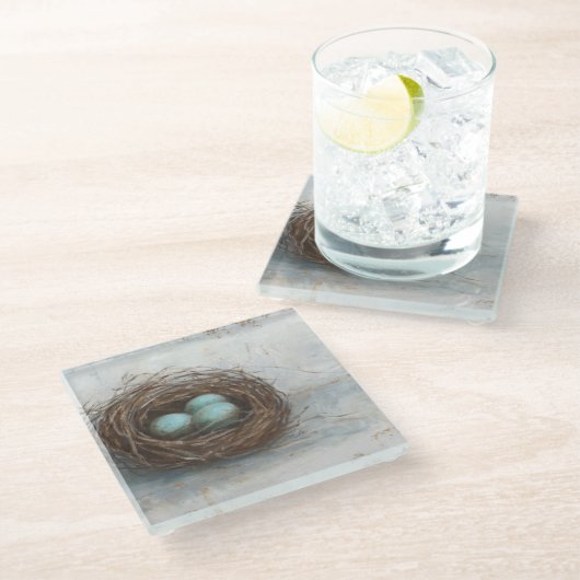 Rustige vogelnesttest - blauw glazen onderzetter (Schuin)