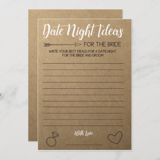 Rustige Vrijgezellenfeest game- Date Night Ideeën Advieskaart (Voorkant / Achterkant)