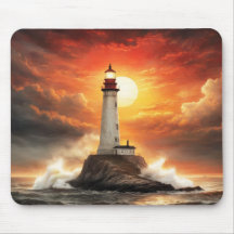 Rustige Vuurtoren bij zonsondergang met oceaangolv