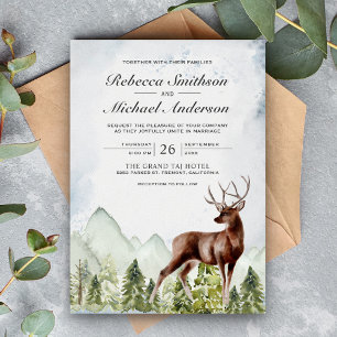 Rustige Waterverf Berg Forest Deer Wedding Kaart