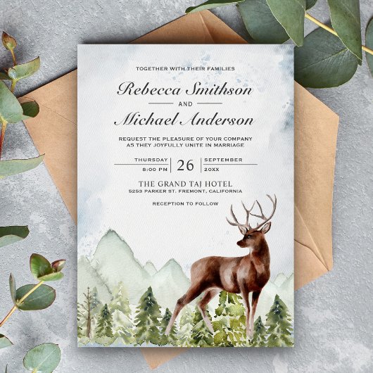 Rustige Waterverf Berg Forest Deer Wedding Kaart
