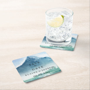 Rustige Waterverf bergen meer sparen de datum Vierkante Kartonnen Onderzetter