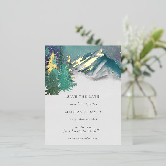 Rustige Waterverf bergen pine sparen de datum Folie Feestdagen Briefkaart (Staand Voorkant)