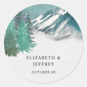 Rustige Waterverf bergen Pine Winter Wedding Ronde Sticker