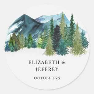 Rustige Waterverf bergen Pine Winter Wedding Ronde Sticker