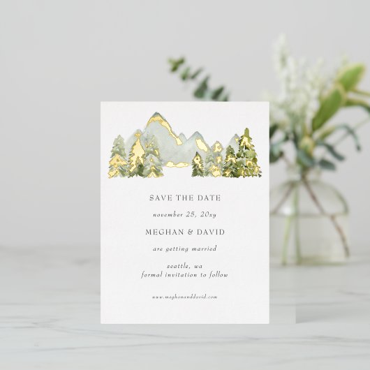 Rustige Waterverf bergen sparen de datum Folie Uitnodiging Briefkaart (Staand Voorkant)