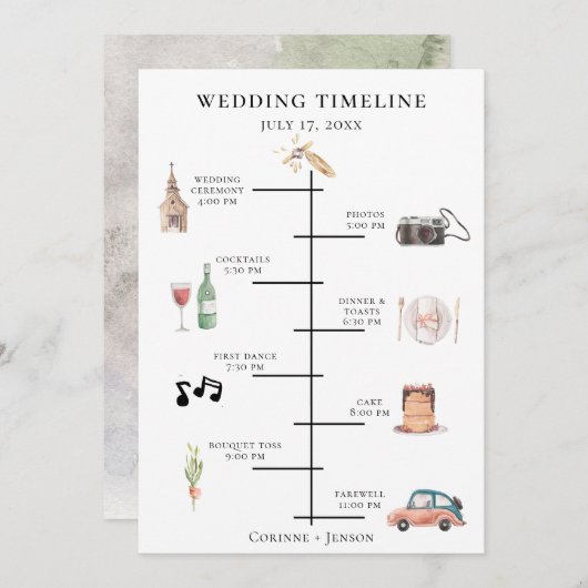 Rustige Waterverf bruiloft tijdlijn Programma (Voorkant / Achterkant)