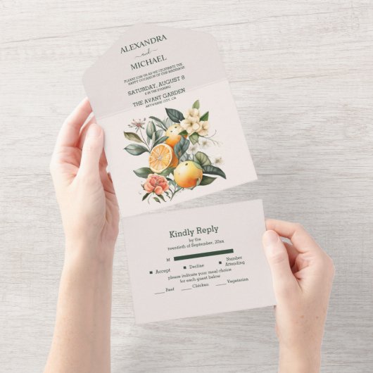Rustige Waterverf Citrus Wedding All In One Uitnodiging (Afscheurbaar)