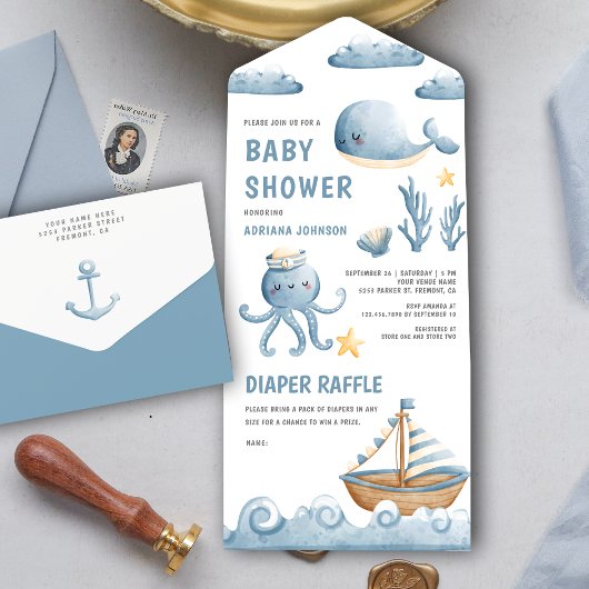 Rustige Waterverf Cute Nautical Boat Baby shower All In One Uitnodiging