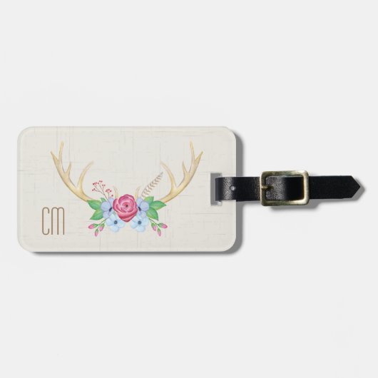 Rustige Waterverf Deer Antlers met bloemen Bagagelabel (Voorkant horizontaal)