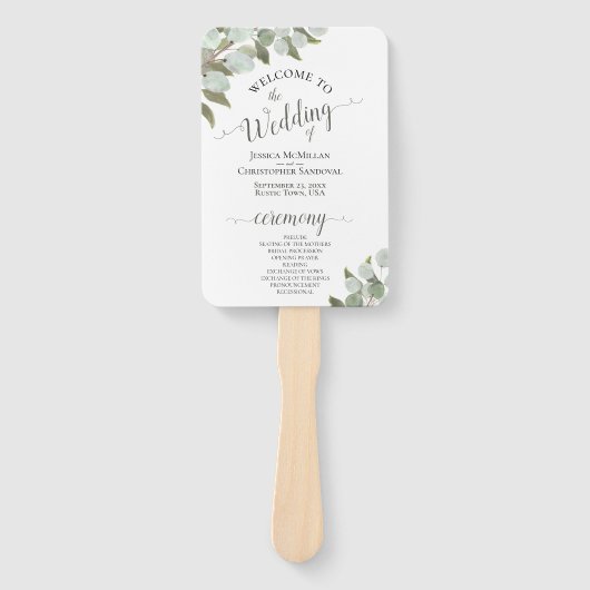 Rustige Waterverf Eucalyptus Boho Wedding Programm Handwaaier (Voorkant)