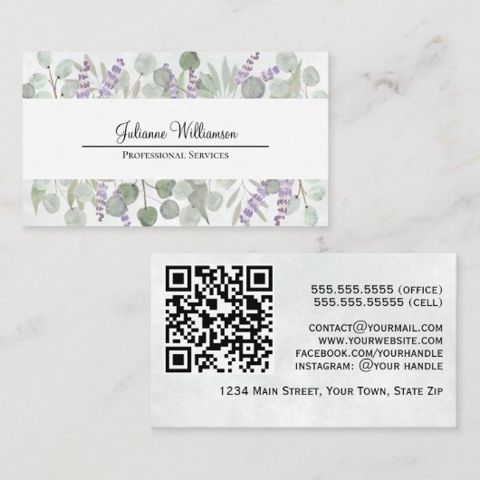 Rustige Waterverf Eucalyptus en Lavender QR-code Visitekaartje (Voorkant / Achterkant)