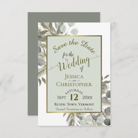 Rustige Waterverf Eucalyptus & Pine Sage Wedding Save The Date (Voorkant / Achterkant)